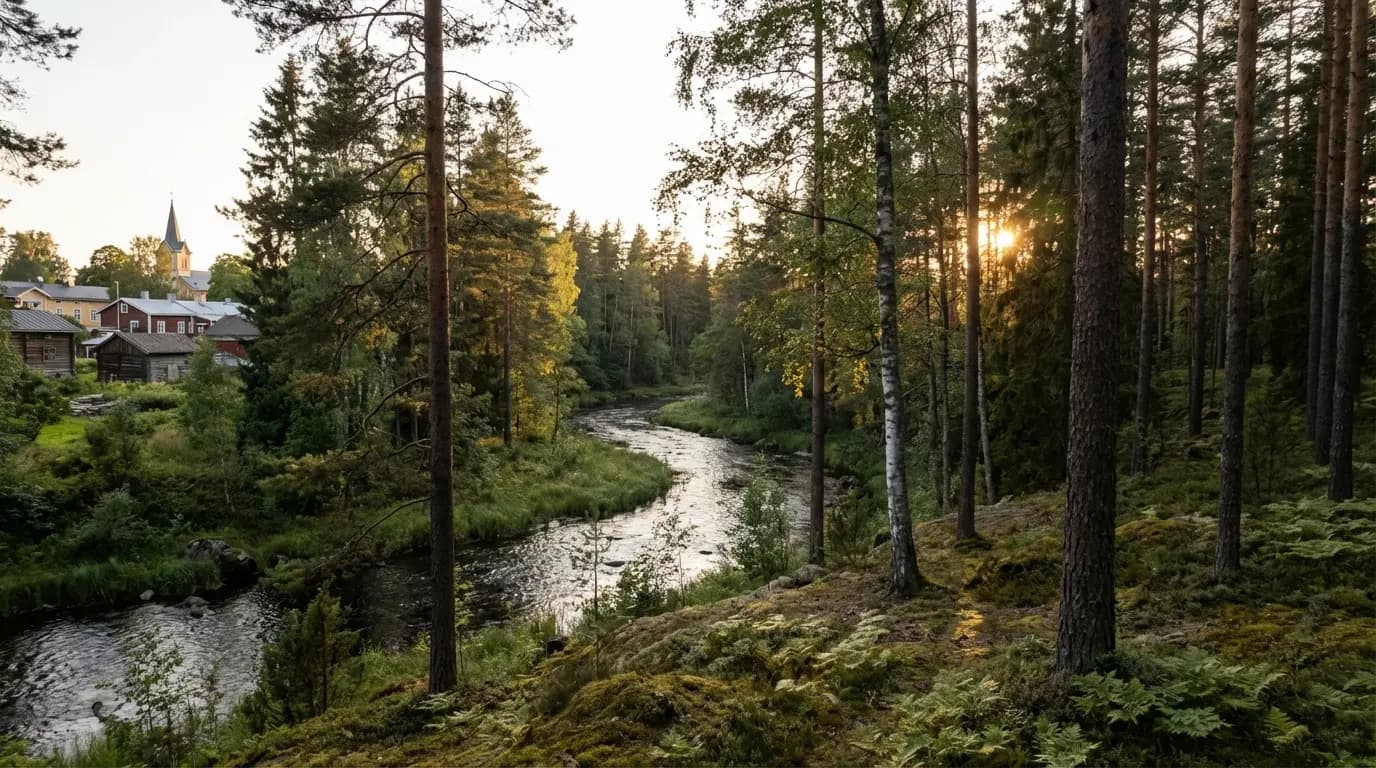Pine forest and a winding river at sunset, with village houses and a church spire in the distance.