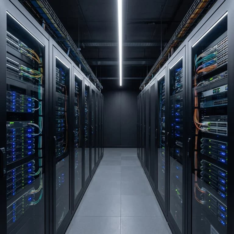 Aisle between rows of server racks lit by blue status lights.