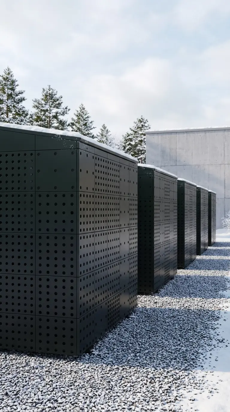 Row of dark battery energy storage units standing on gravel beside pine trees.