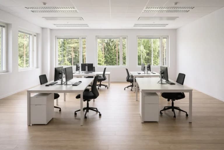 Bright, newly renovated open-plan office with desks, monitors and windows facing the forest.